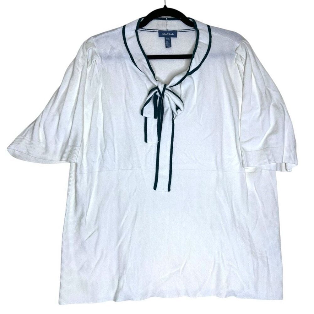 ModCloth Women’s Tie Neck Knit Top Size 3X White Green Trim Short Sleeve
